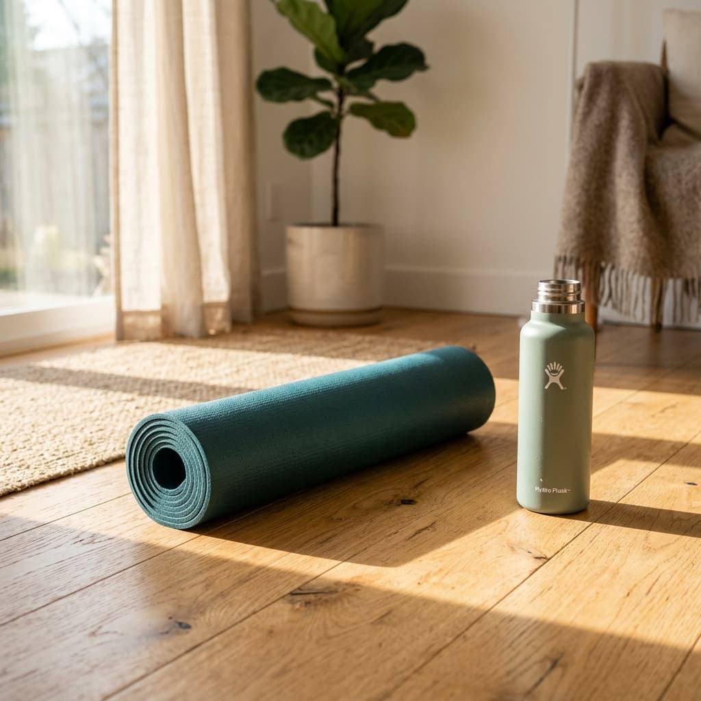 A rolled-up green yoga mat and water bottle in a sunlit room on a wooden floor
