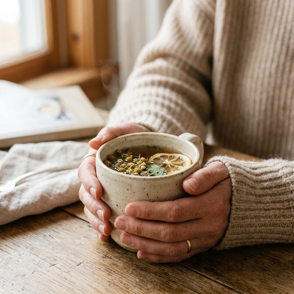 Hands holding a hot ceramic cup of herbal tea with camomile flowers and lemon