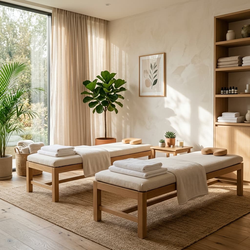 A serene therapy room at U 1st Creation wellness clinic with elegant wooden massage tables, clean linen, and lush green plants