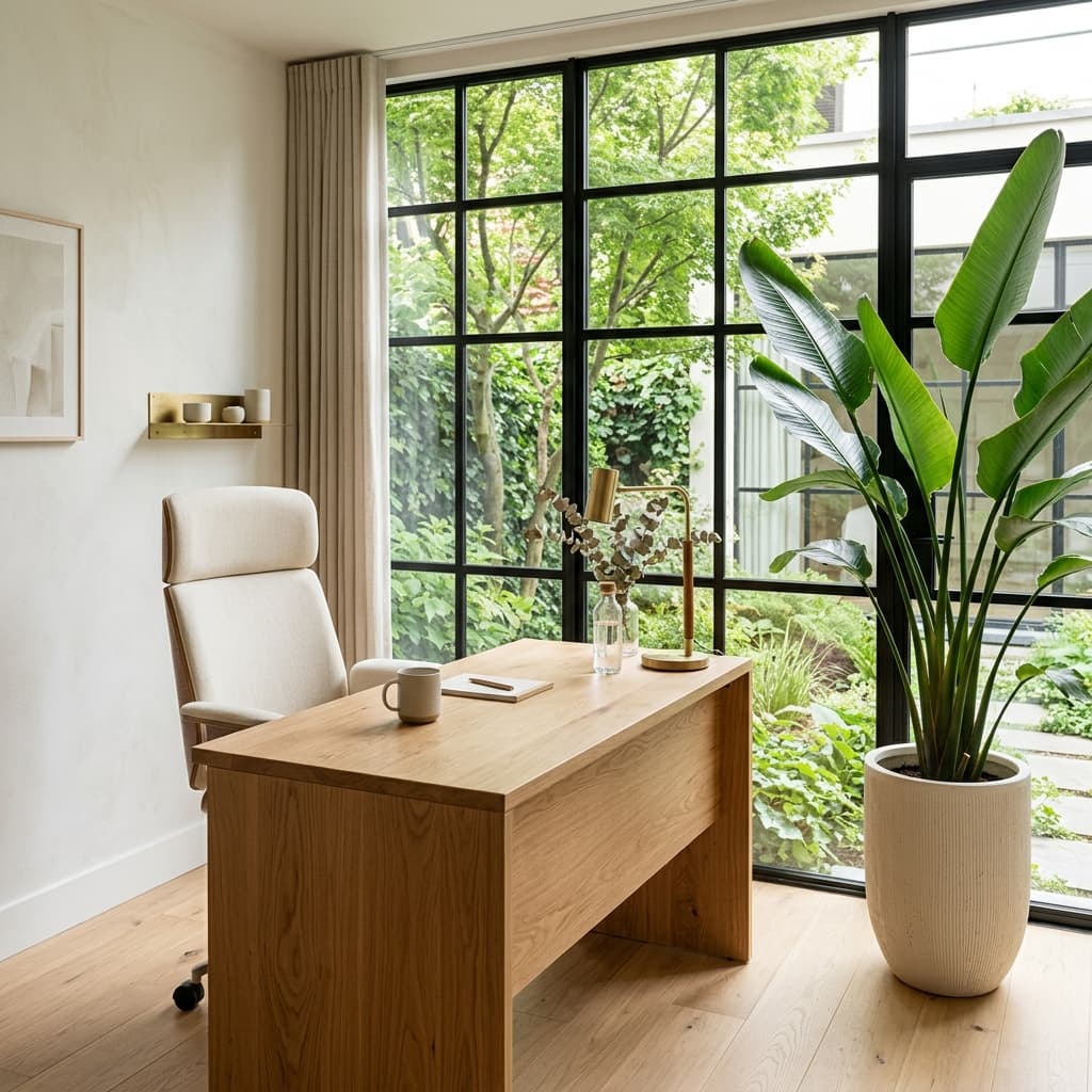 Modern luxury interior of U 1st Creation wellness clinic with warm wooden office furniture and plants