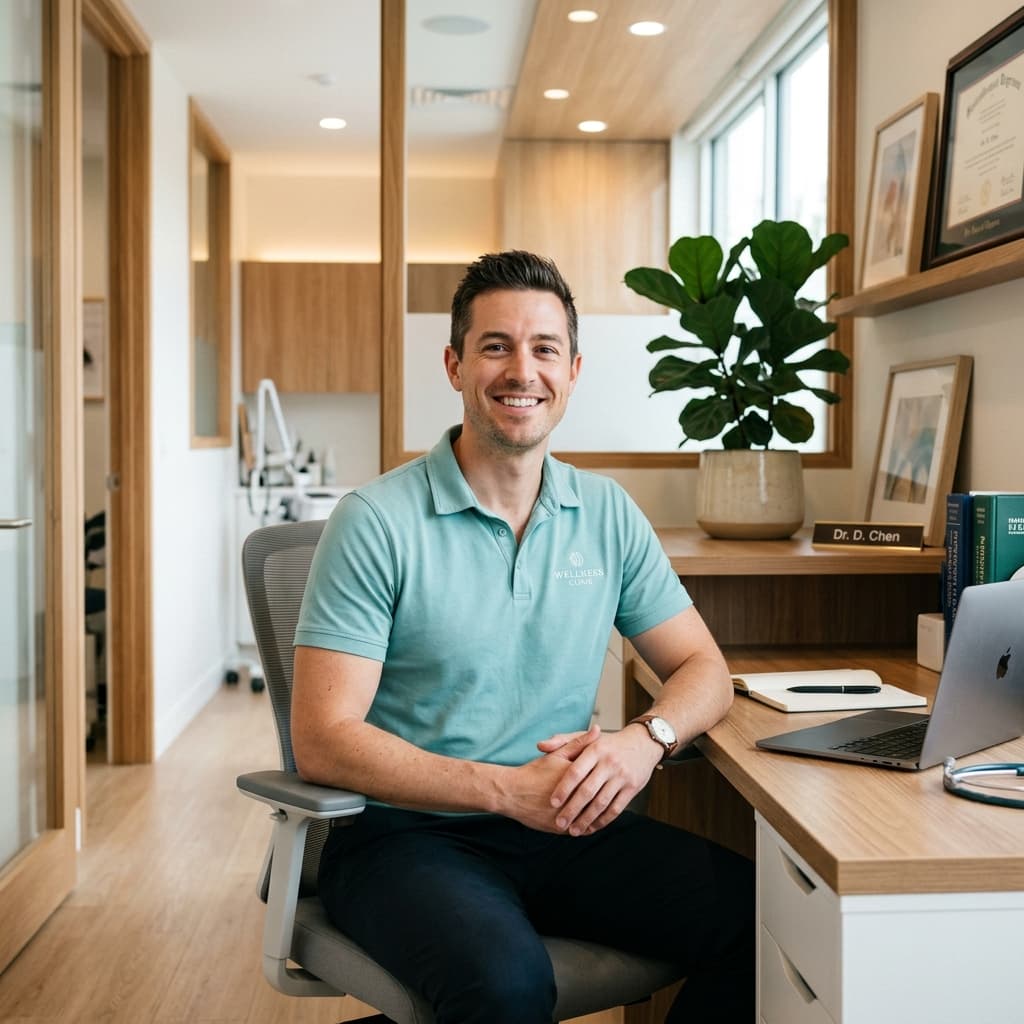 Friendly doctor sitting in clinic helping a patient manage diabetes