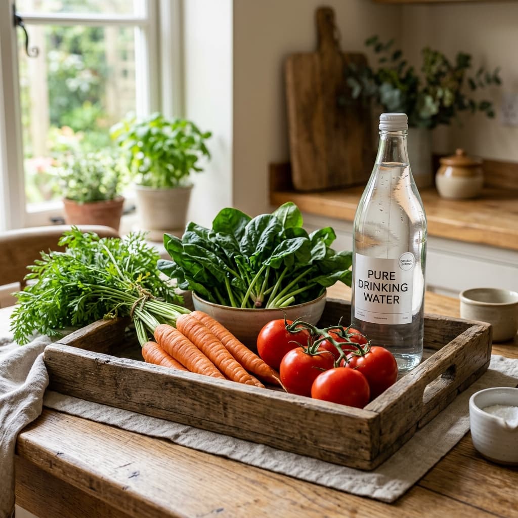 Rustic tray with carrots, tomatoes, greens, and glass water bottle