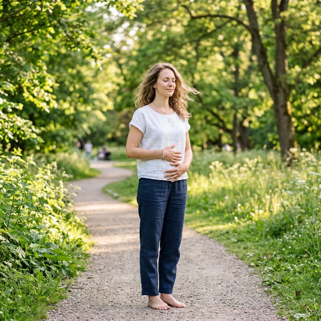 Woman standing mindfully in a tranquil park representing hormone balance